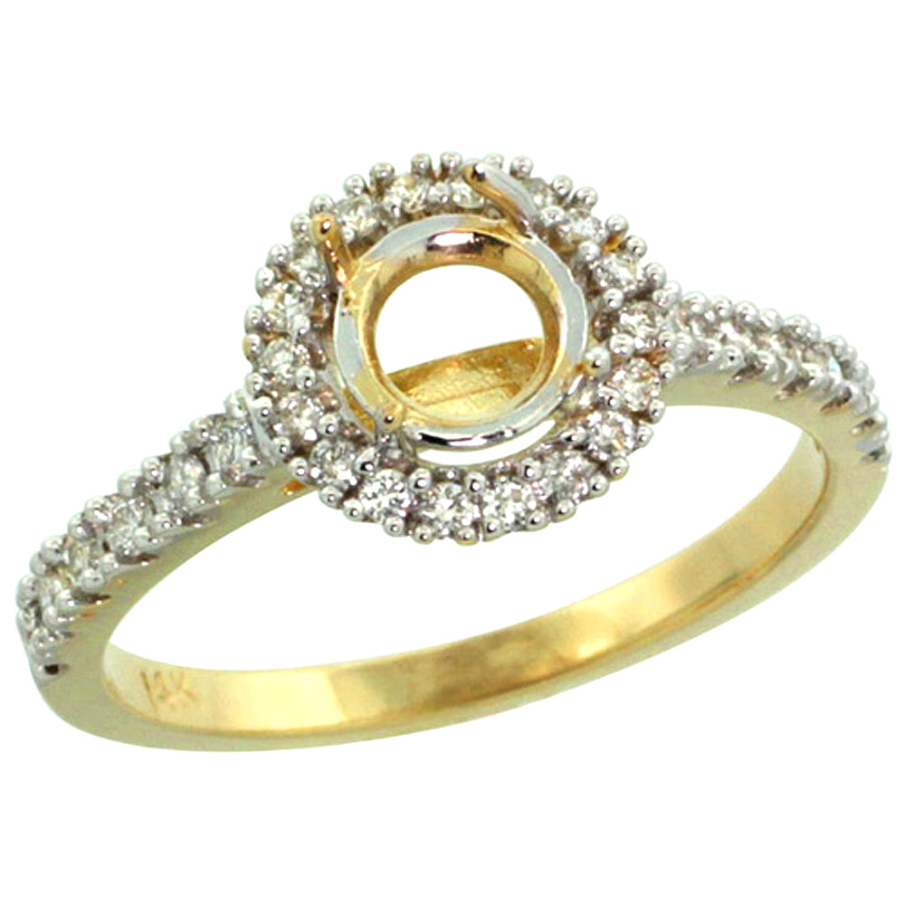 14k Gold Semi Mount (for 6mm 1 Carat Size Round Diamond) Engagement Ring w/ 0.34 Carat Brilliant Cut Diamonds, 3/8 in. (10mm) wide
