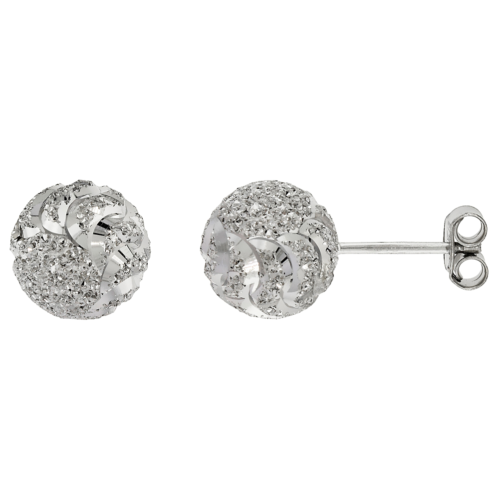 STERLING SILVER 10MM BALL STUD EARRINGS SWIRL DIAMOND CUT RHODIUM FINISH