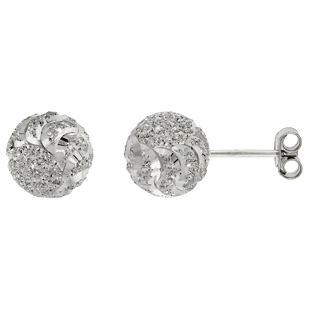 Sterling Silver 10mm Ball Stud Earrings Swirl Diamond Cut Rhodium Finish
