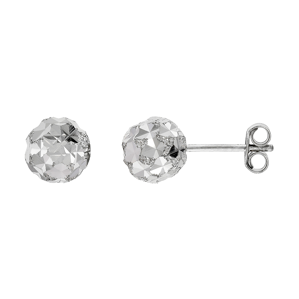 STERLING SILVER 8MM BALL STUD EARRINGS KALEIDOSCOPE DIAMOND CUT RHODIUM FINISH