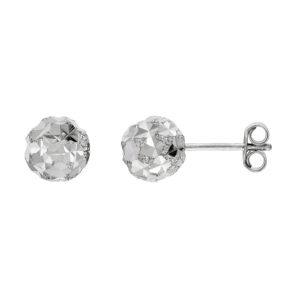 Sterling Silver 8mm Ball Stud Earrings Kaleidoscope Diamond Cut Rhodium Finish