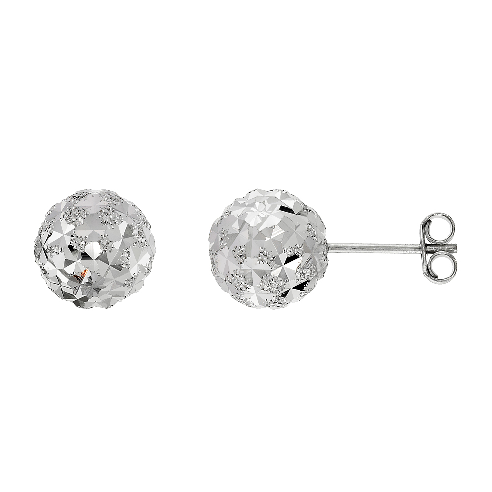 Sterling Silver 10mm Ball Stud Earrings Kaleidoscope Diamond Cut Rhodium Finish