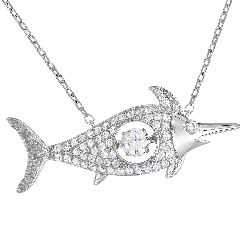 Sterling silver Dancing CZ Swordfish Necklace Micropave 18 inch