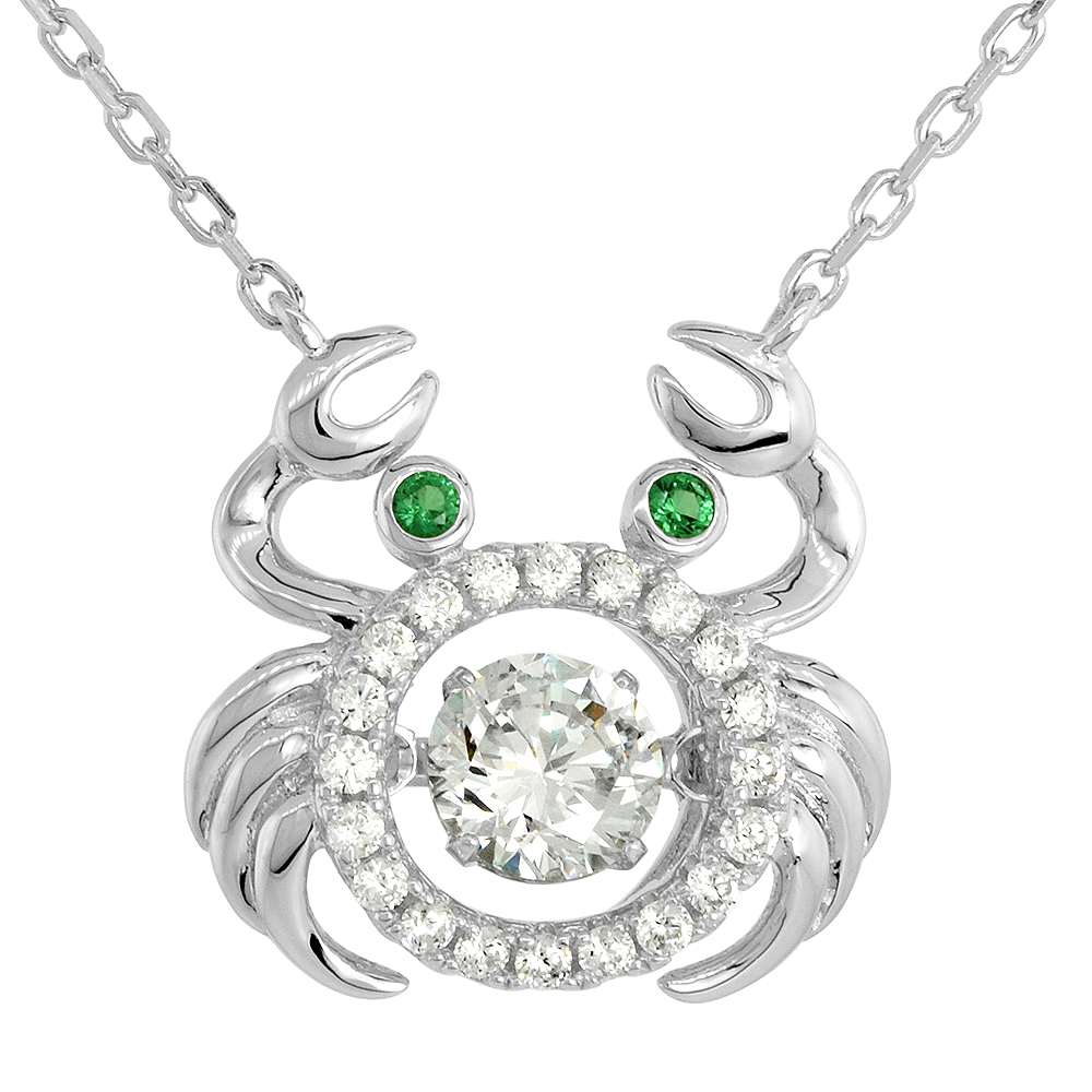 Sterling silver Dancing CZ Crab Necklace Green Eyes Micro Pave 18 inch