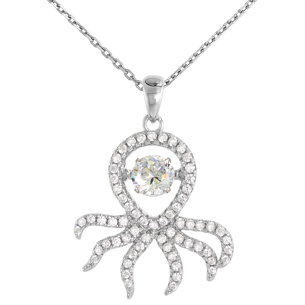 Sterling silver Dancing CZ Octopus Necklace Micro Pave 16 - 20 inch Boston Chain