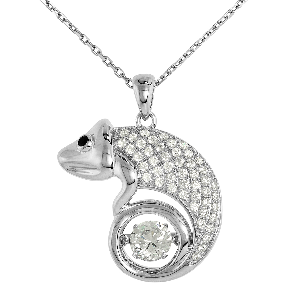 Sterling silver Dancing CZ Chameleon Necklace Black Eyes Micro Pave 16 - 20 inch Boston Chain