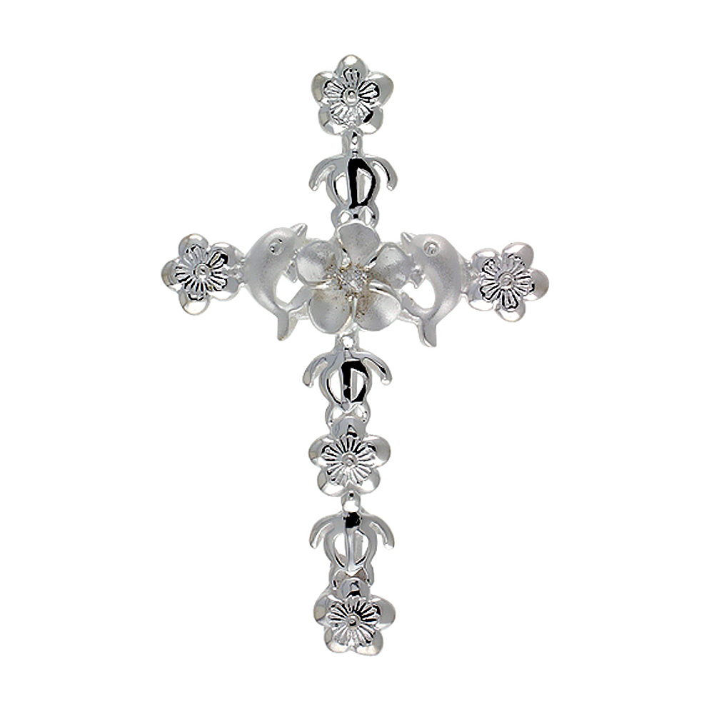 Sterling Silver Hawaiian Plumeria Cross Pendant Dolphin and Turtle Accents, 1 15/16 inch wide