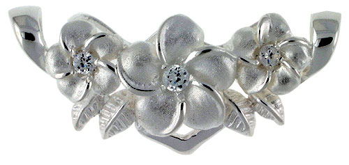 Sterling Silver Hawaiian Plumeria Two-Bail Pendant Cubic Zirconia Accents, 1 3/8 inch wide