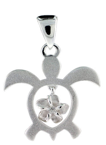Sterling Silver Hawaiian Honu (Turtle) Pendant Plumeria and Cubic Zirconia Accents, 3/4 inch wide