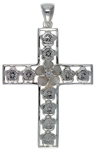 Sterling Silver Hawaiian Plumeria Cross Pendant, 1 5/8 inch wide
