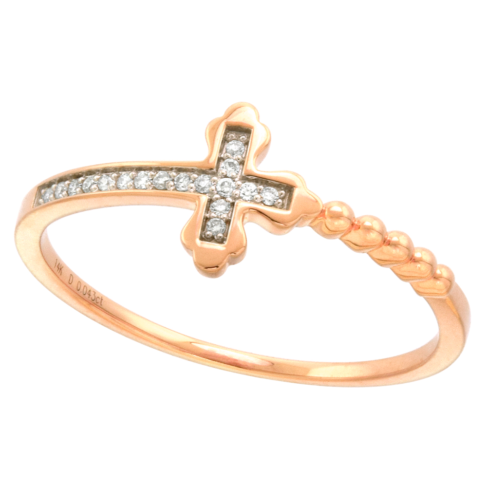 14k Yellow Gold Diamond Sideways Cross Ring Beaded 5/16 inch 0.06 cttw size 5-9