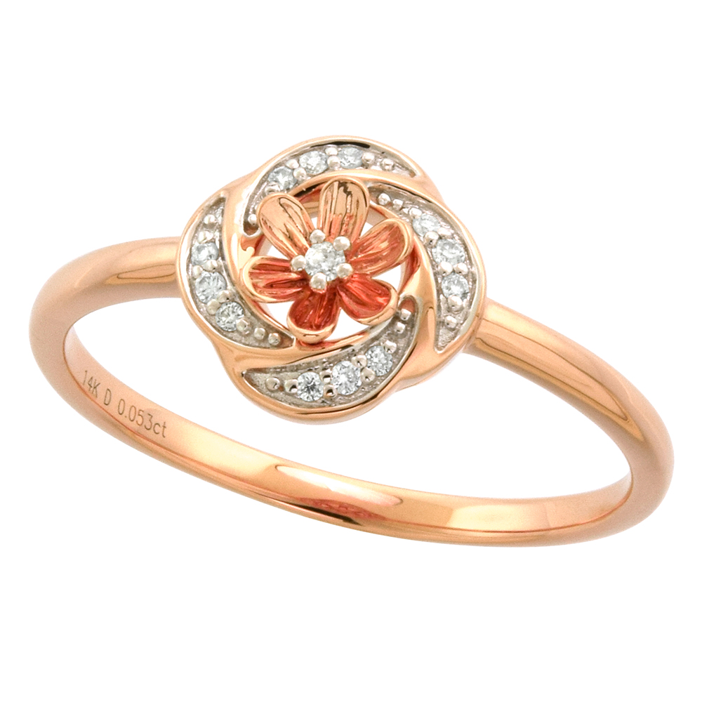 Dainty 14k Gold Diamond 6 Petal Flower Ring for Women Rope Shank 3/8 inch 0.16 cttw size 5-9