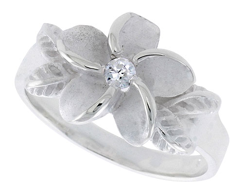 Sterling Silver Hawaiian Plumeria Ring Yellow Gold Accents, 1/2 inch wide, sizes 8 - 9