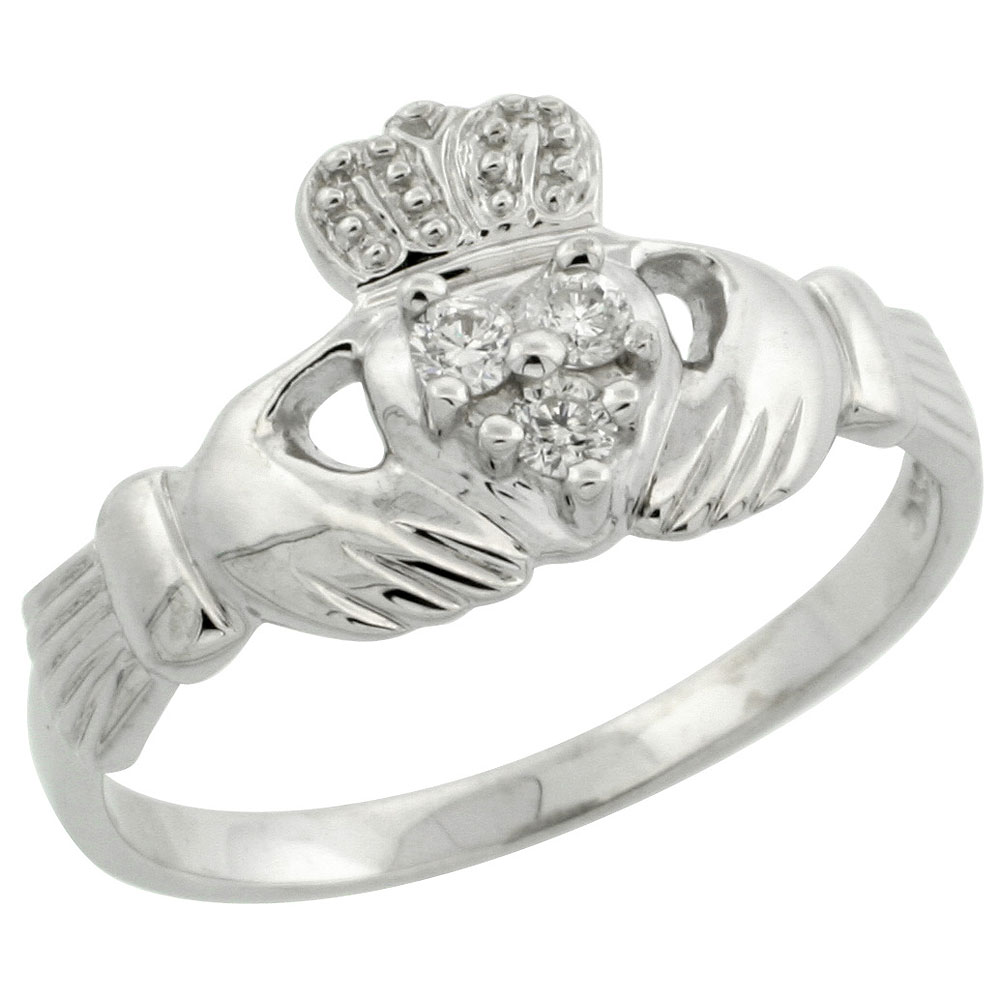 Small 14k Gold Diamond Claddagh Ring for Women Irish Wedding Band 0.10 cttw 3/8 inch