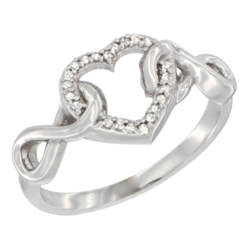 14K White Gold Diamond Heart Ring Infinity Symbols 3/8 inch wide, sizes 5 - 10