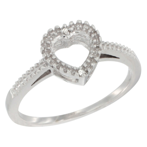 10K White Gold Dainty Diamond Heart Ring 3/8 inch, sizes 5 - 10
