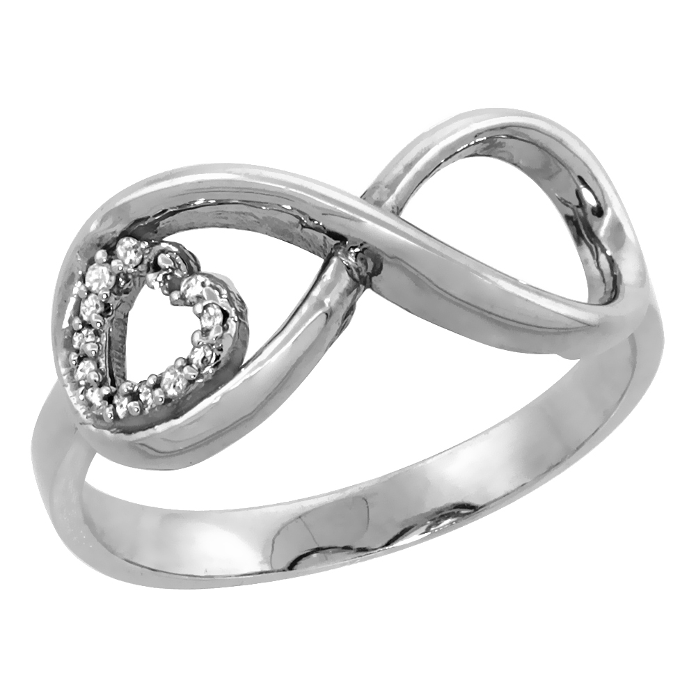 14K White Gold Eternity Symbol Ring with Diamond heart, sizes 5 - 10