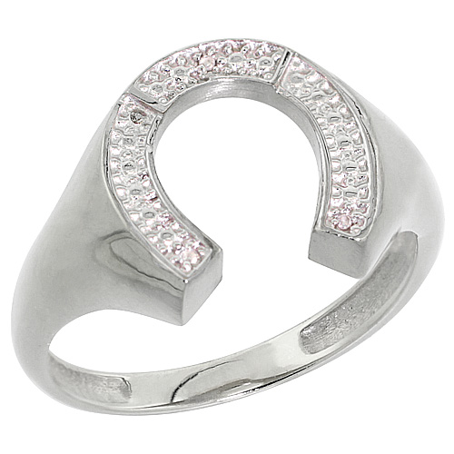 14K White Gold Mens Horseshoe Ring Diamond Accent 9/16 inch wide, sizes 8 - 13