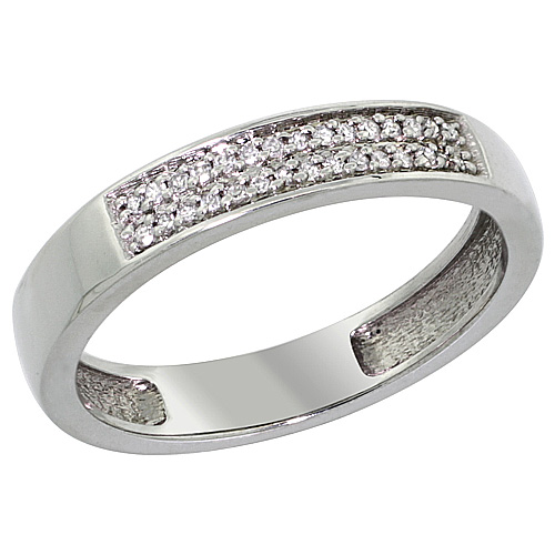 14K White Gold Wedding Band Ring 2-Row Diamond Accent 5/32 inch wide, sizes 5 - 10