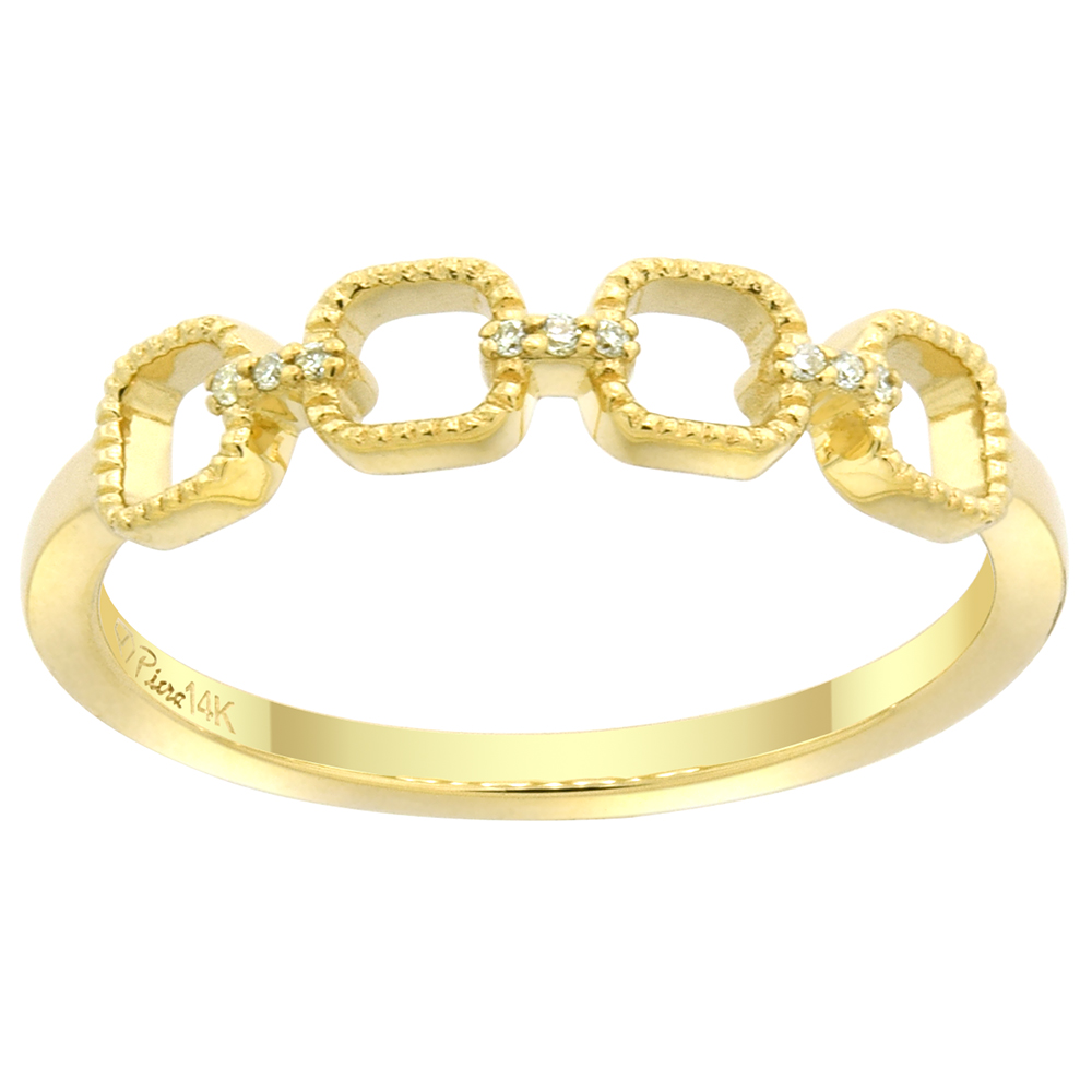 14k Gold Chain Link Ring for Women and Girls Diamond Accent Milgrain Surface 5/32 inch wide, size 6 - 9