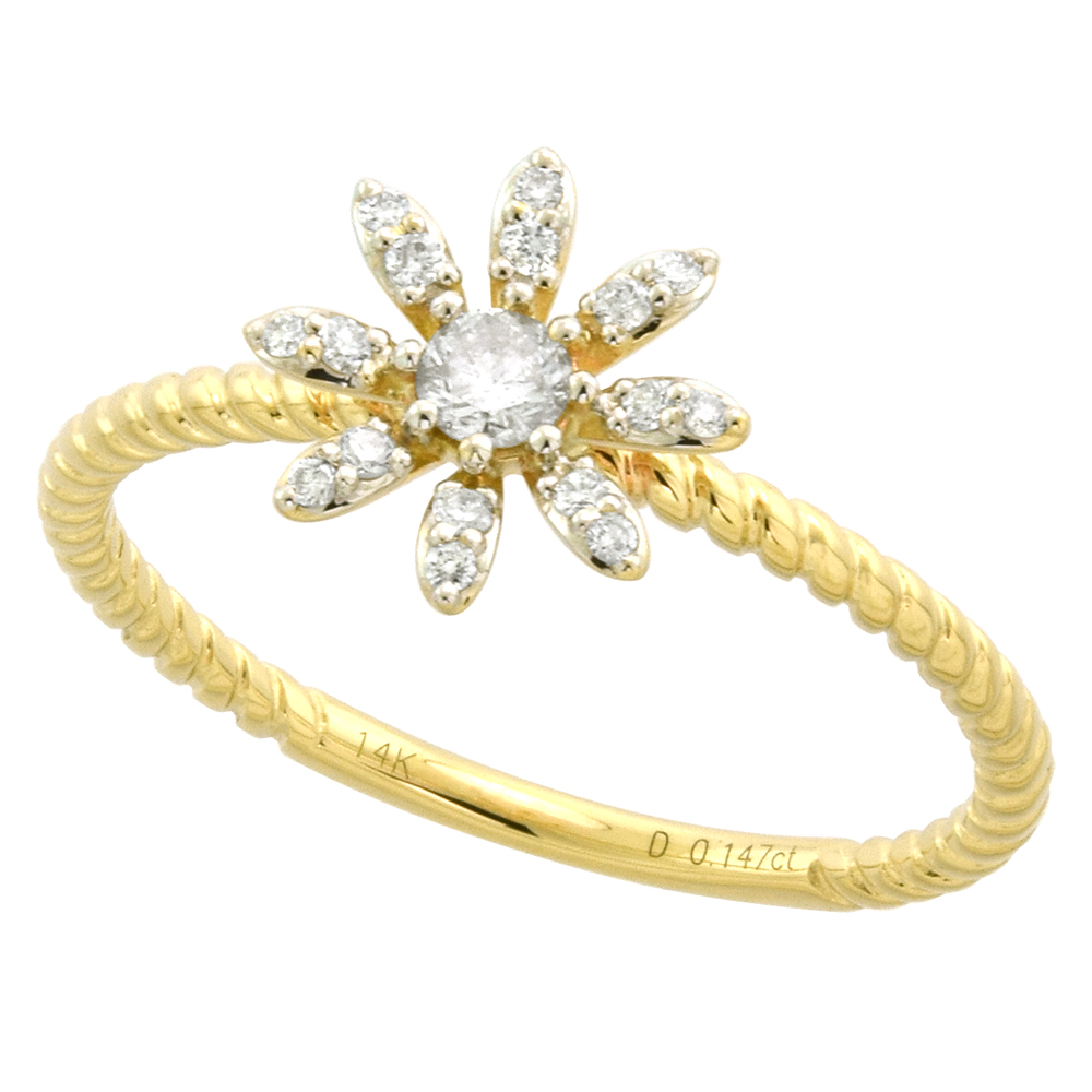 Tiny 14k Yellow Gold Diamond Daisy Flower Ring for Women Rope Shank 3/8 inch 0.16 cttw size 5-9
