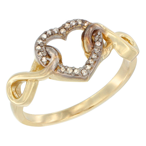 14K Yellow Gold Diamond Heart Ring Infinity Symbols 3/8 inch wide, sizes 5 - 10