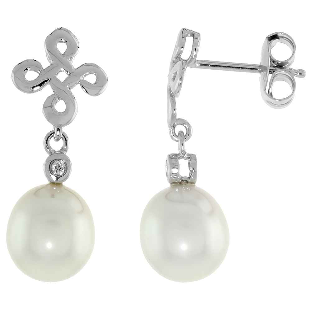 10K WHITE GOLD INFINITY CROSS PEARL EARRINGS, W/ 0.03 CARAT BRILLIANT CUT DIAMONDS, 7/8 IN. (22MM) TALL