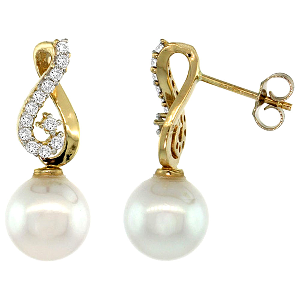 14K GOLD HEART-SHAPED LOOP PEARL EARRINGS W/ 0.24 CARAT BRILLIANT CUT ( H-I COLOR; VS2-SI1 CLARITY ) DIAMONDS & 9MM WHITE PEARLS, 7/8 IN. (22MM) TALL