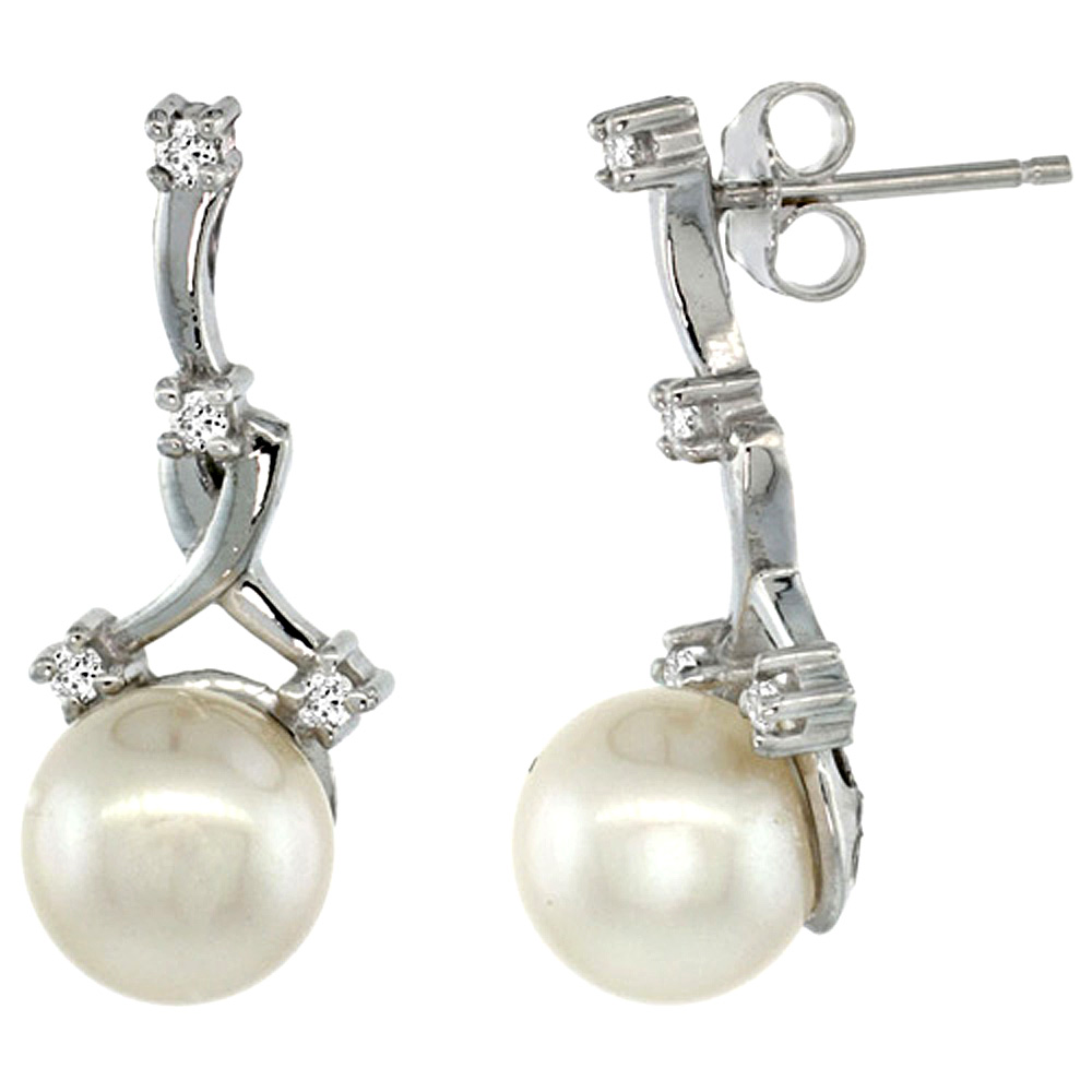 14K WHITE GOLD DIAMOND VINE PEARL EARRINGS W/ 0.12 CARAT BRILLIANT CUT ( H-I COLOR; VS2-SI1 CLARITY ) DIAMONDS & 8MM WHITE PEARLS, 7/8 IN. (22MM) TALL