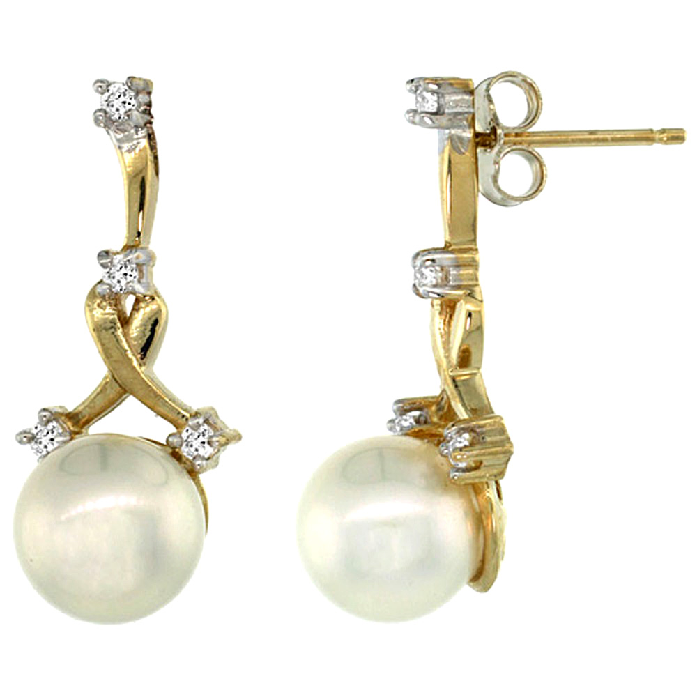 14K GOLD DIAMOND VINE PEARL EARRINGS W/ 0.12 CARAT BRILLIANT CUT ( H-I COLOR; VS2-SI1 CLARITY ) DIAMONDS & 8MM WHITE PEARLS, 7/8 IN. (22MM) TALL