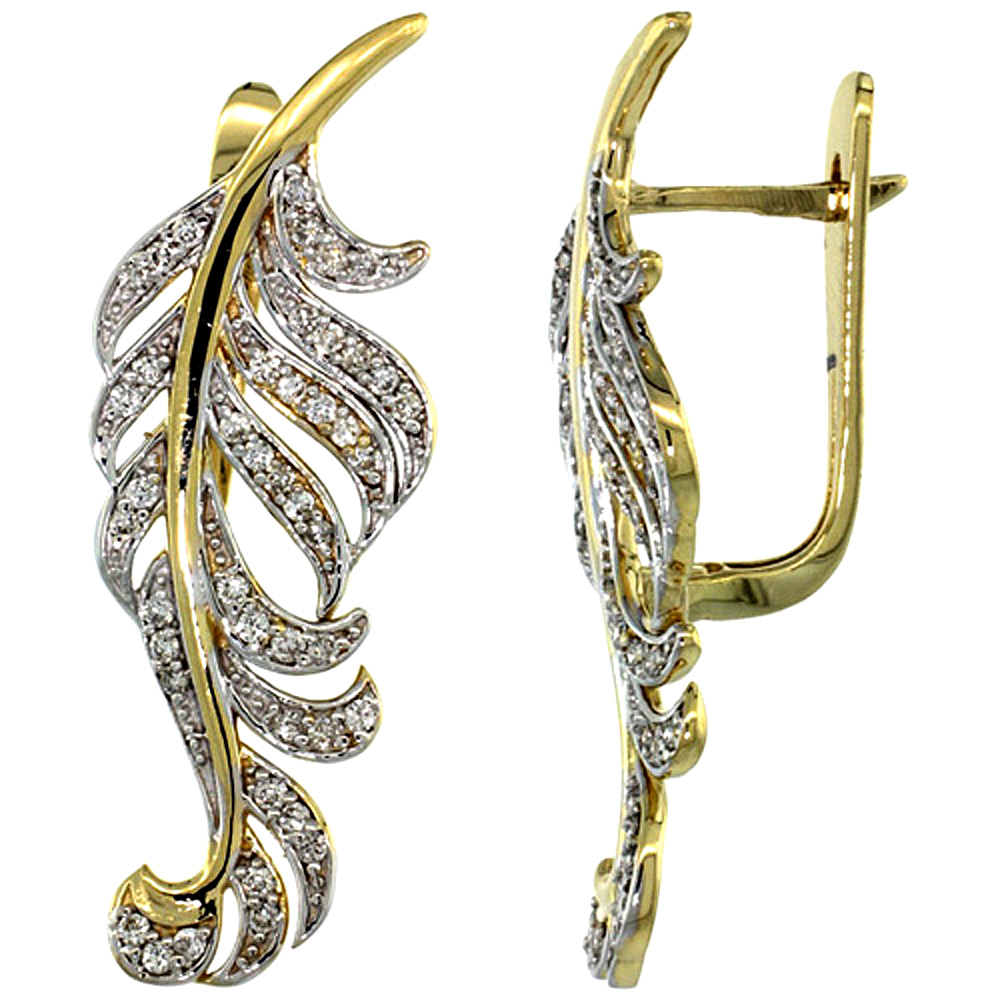 14K GOLD LARGE LEAF DIAMOND EARRINGS W/ 0.82 CARAT BRILLIANT CUT ( H-I COLOR; VS2-SI1 CLARITY ) DIAMONDS