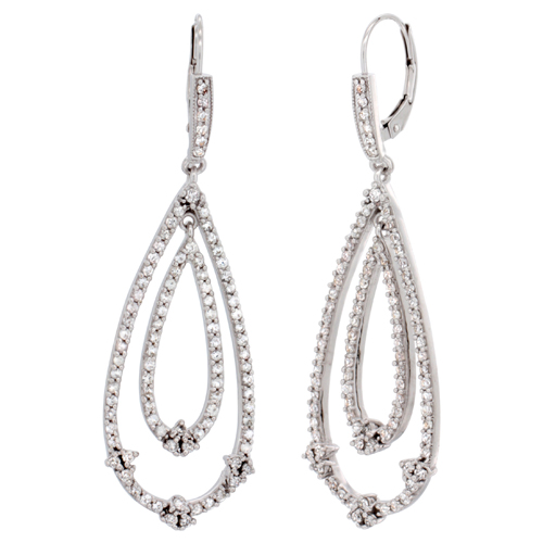 14K White Gold White Sapphire Tear Drop Earrings Diamond Accent, 2 3/16 inches long