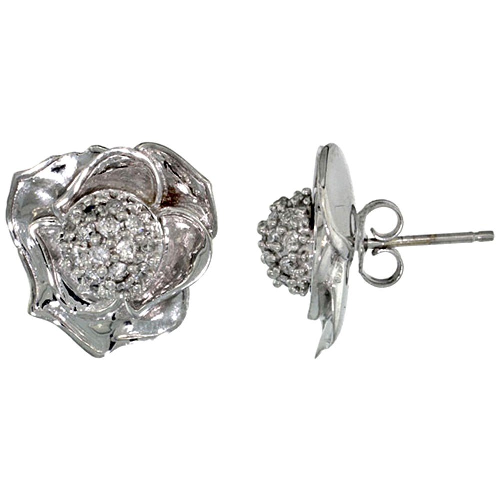 14K WHITE GOLD ROSE FLOWER EARRINGS W/ 0.40 CARAT BRILLIANT CUT ( H-I COLOR; VS2-SI1 CLARITY ) DIAMONDS