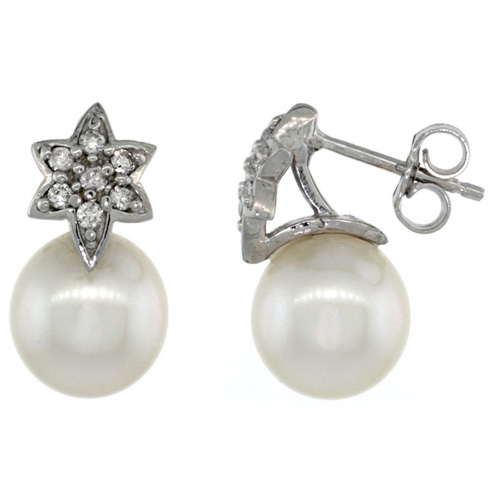 14k White Gold Flower Pearl Earrings w/ 0.14 Carat Brilliant Cut ( H-I Color; VS2-SI1 Clarity ) Diamonds &amp; 8mm White Pearls