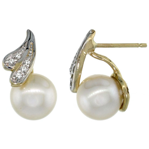 14k Gold Ribbon Lace Pearl Earrings w/ 0.06 Carat Brilliant Cut ( H-I Color; VS2-SI1 Clarity ) Diamonds & 7mm White Pearls