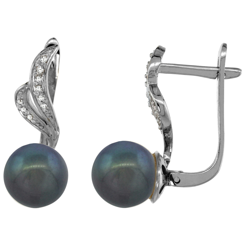 14K WHITE GOLD 0.12 CT DIAMOND 8MM BLACK PEARL LEVER BACK EARRINGS RIBBON 7/8 INCH LONG