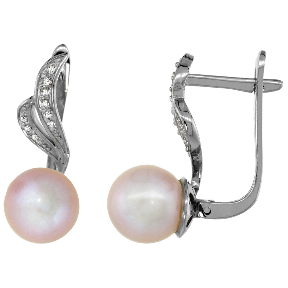 14K WHITE GOLD 0.12 CT DIAMOND 8MM PINK PEARL LEVER BACK EARRINGS RIBBON 7/8 INCH LONG