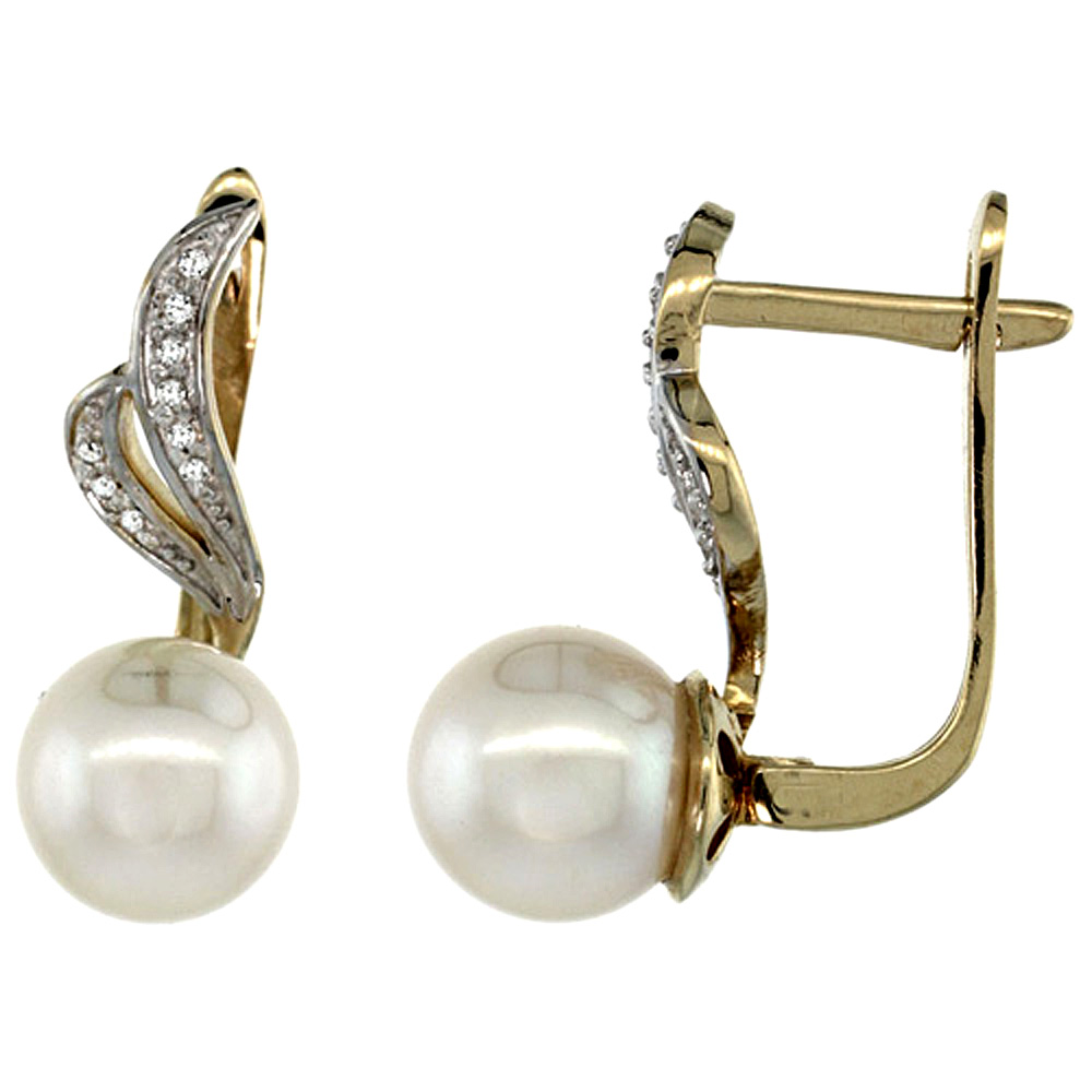 14K YELLOW GOLD 0.12 CT DIAMOND 8MM WHITE PEARL LEVER BACK EARRINGS RIBBON 7/8 INCH LONG
