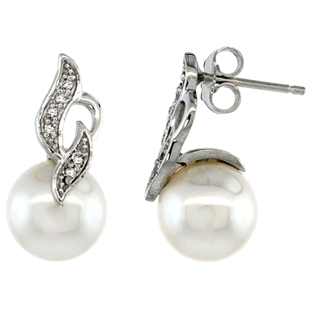 14K WHITE GOLD WAVY PEARL EARRINGS W/ 0.038 CARAT BRILLIANT CUT ( H-I COLOR; VS2-SI1 CLARITY ) DIAMONDS & 9MM WHITE PEARLS, 7/8 IN. (22MM) TALL