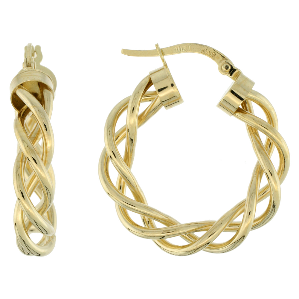 10K Yellow Gold Hoop Earrings Twisted Rope Tubing High Polish Finish Italy 1 inch