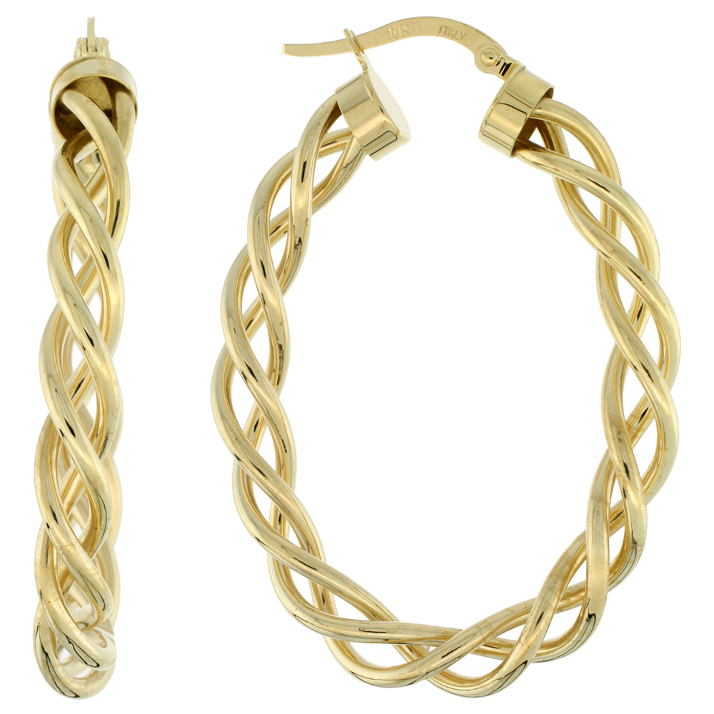 10K YELLOW GOLD OVAL HOOP EARRINGS TWISTED ROPE TUBING HIGH POLISH FINISH ITALY 1 1/2 INCH