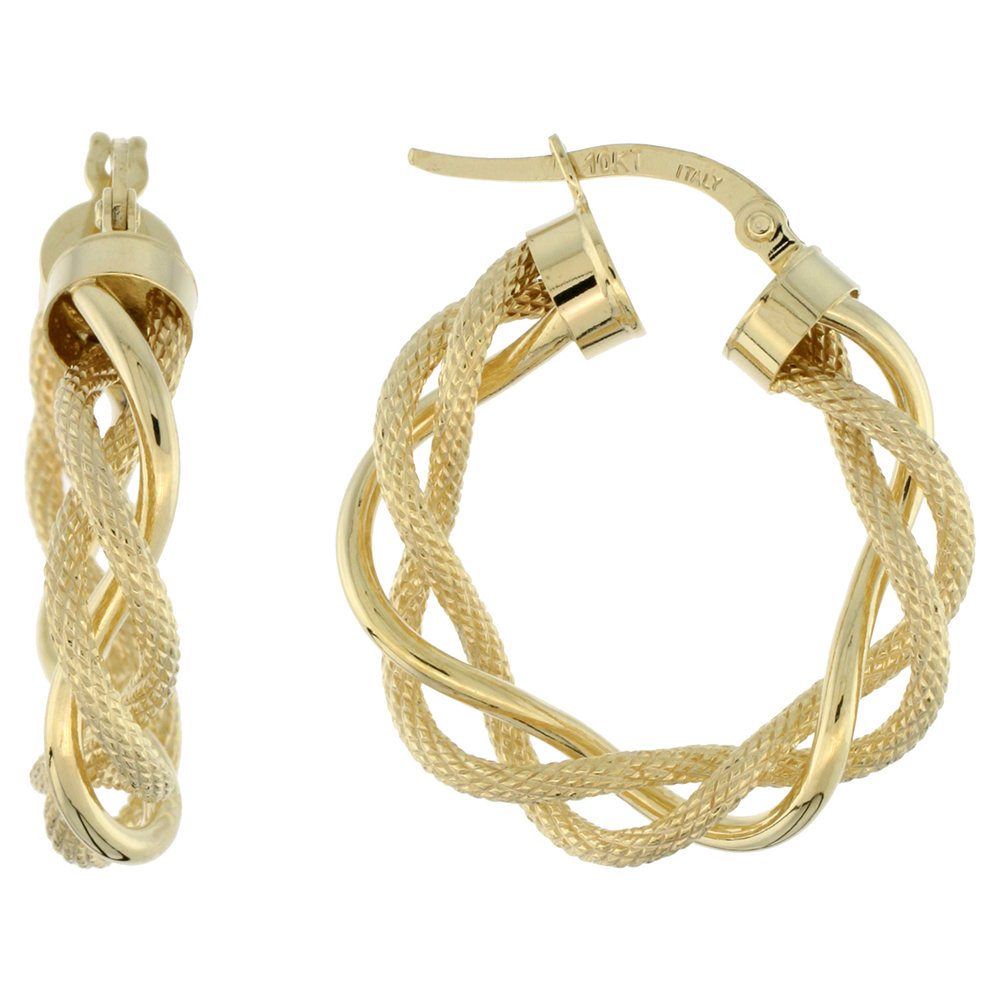 10K Yellow Gold Hoop Earrings Twisted Rope Tubing Two tone Textured Finish Italy 1 inch