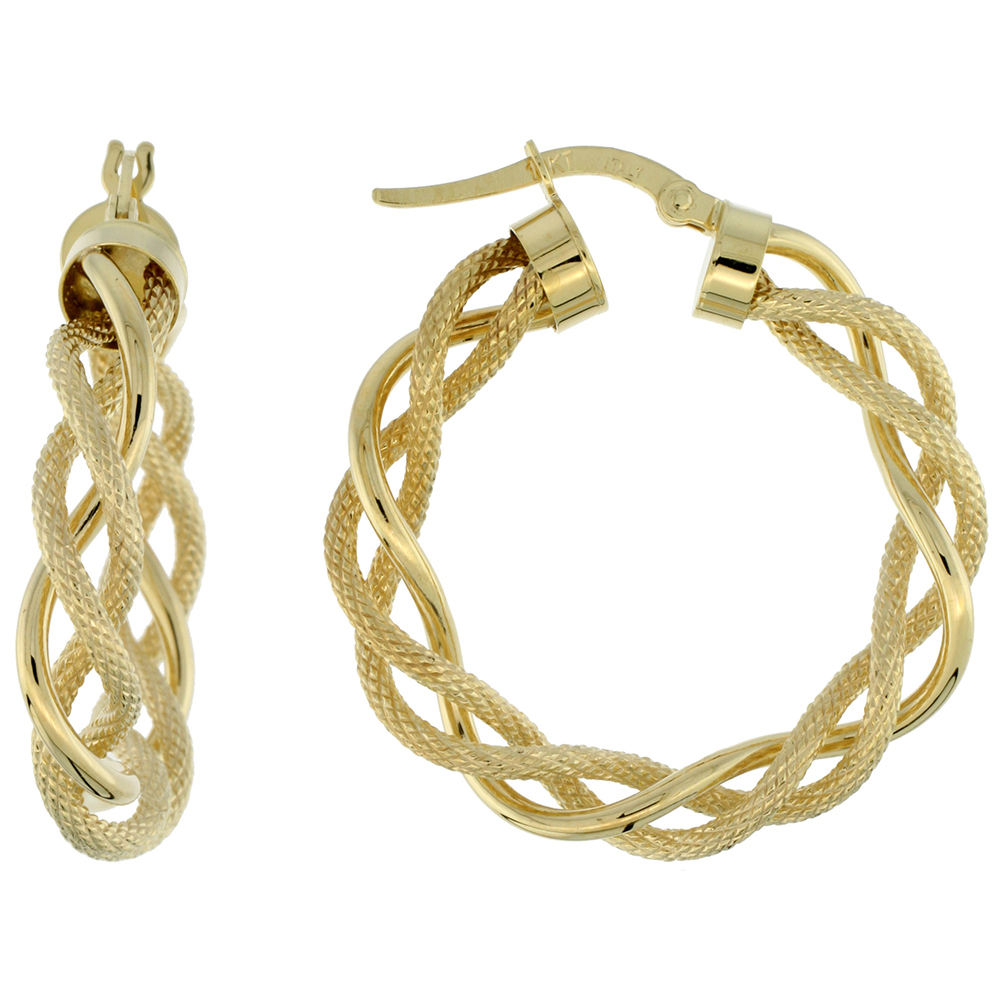 10K YELLOW GOLD HOOP EARRINGS TWISTED ROPE TUBING TWO TONE TEXTURED FINISH ITALY 1 1/8 INCH