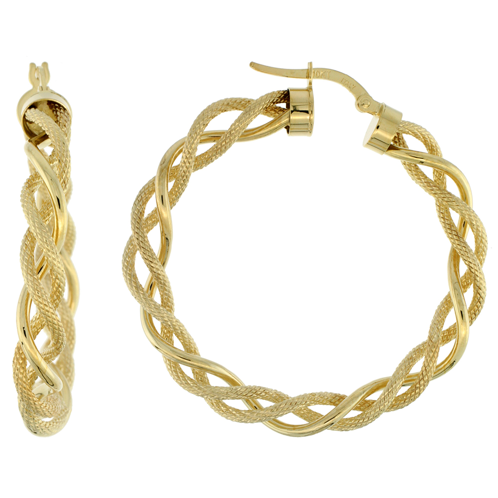 10K YELLOW GOLD HOOP EARRINGS TWISTED ROPE TUBING TWO TONE TEXTURED FINISH ITALY 1 1/2 INCH