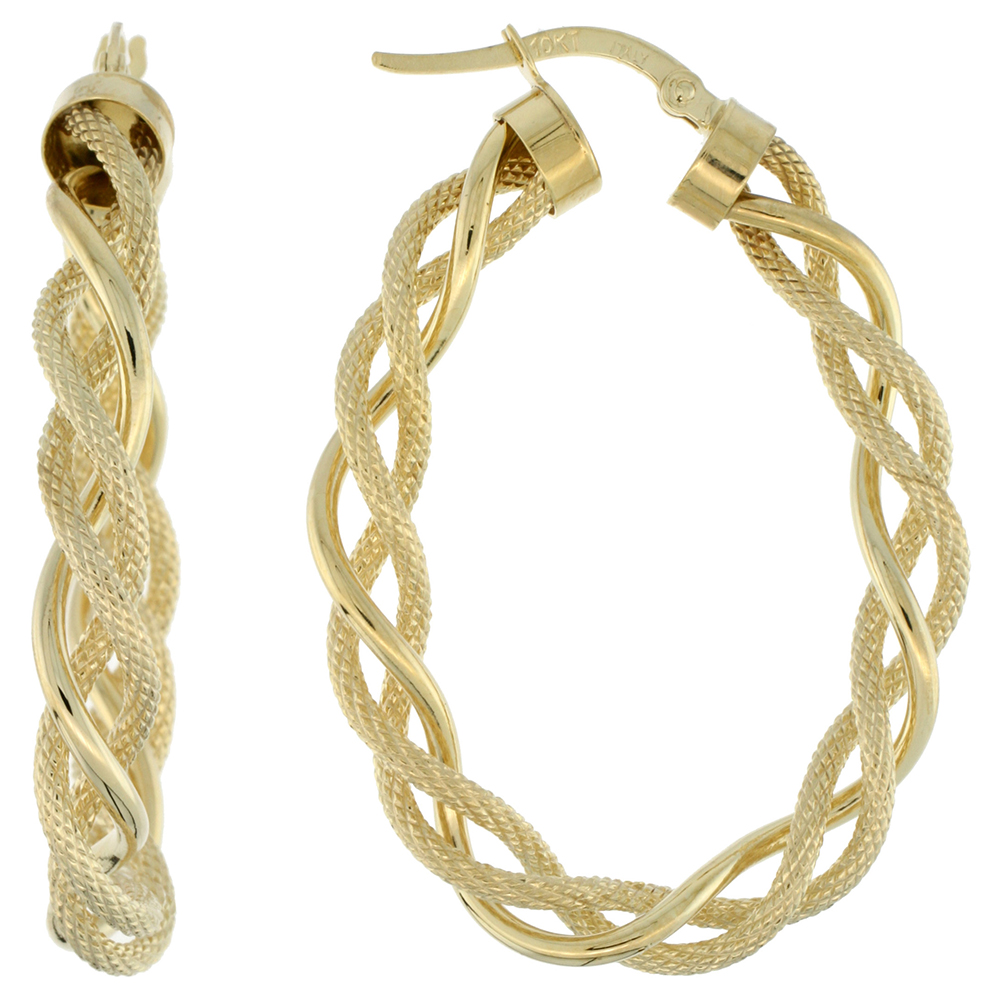 10K YELLOW GOLD OVAL HOOP EARRINGS TWISTED ROPE TUBING TWO TONE TEXTURED FINISH ITALY 1 1/2 INCH