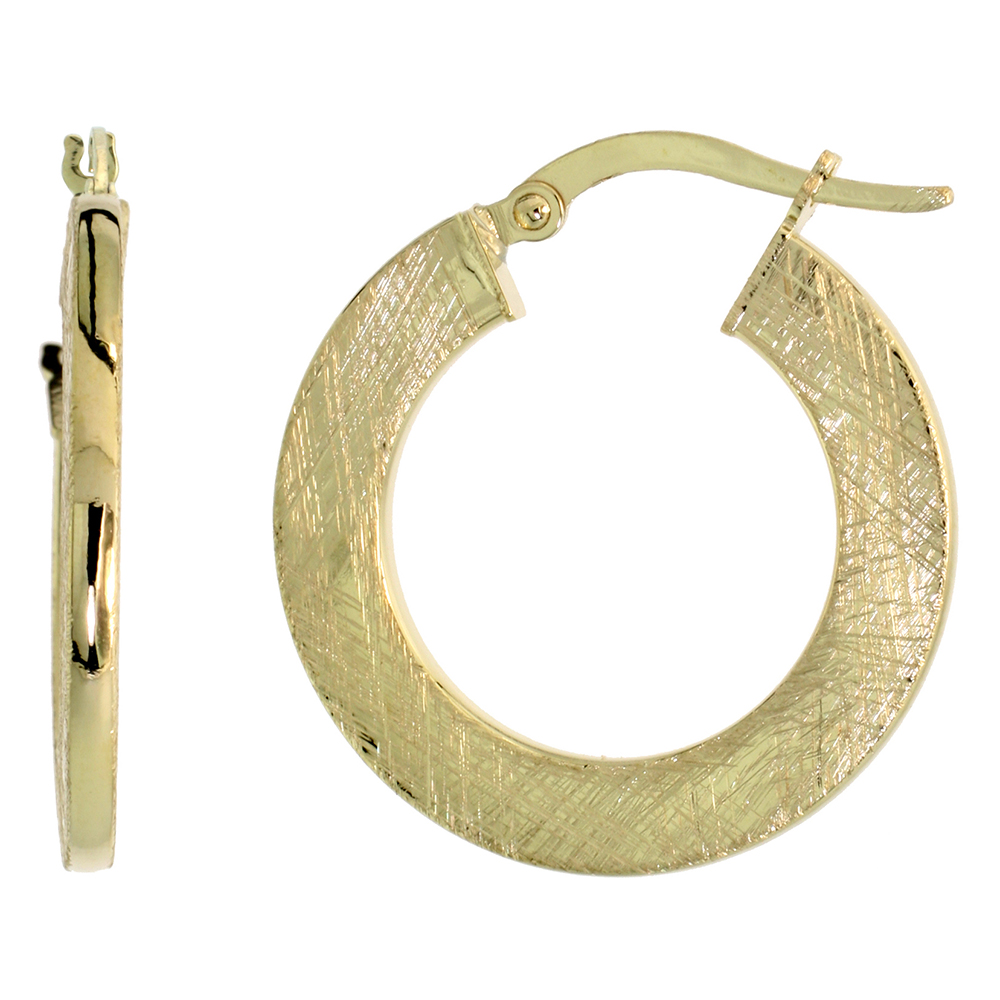 10K Yellow Gold Flat Hoop Earrings Crystallized Brush Finish Italy 1 inch