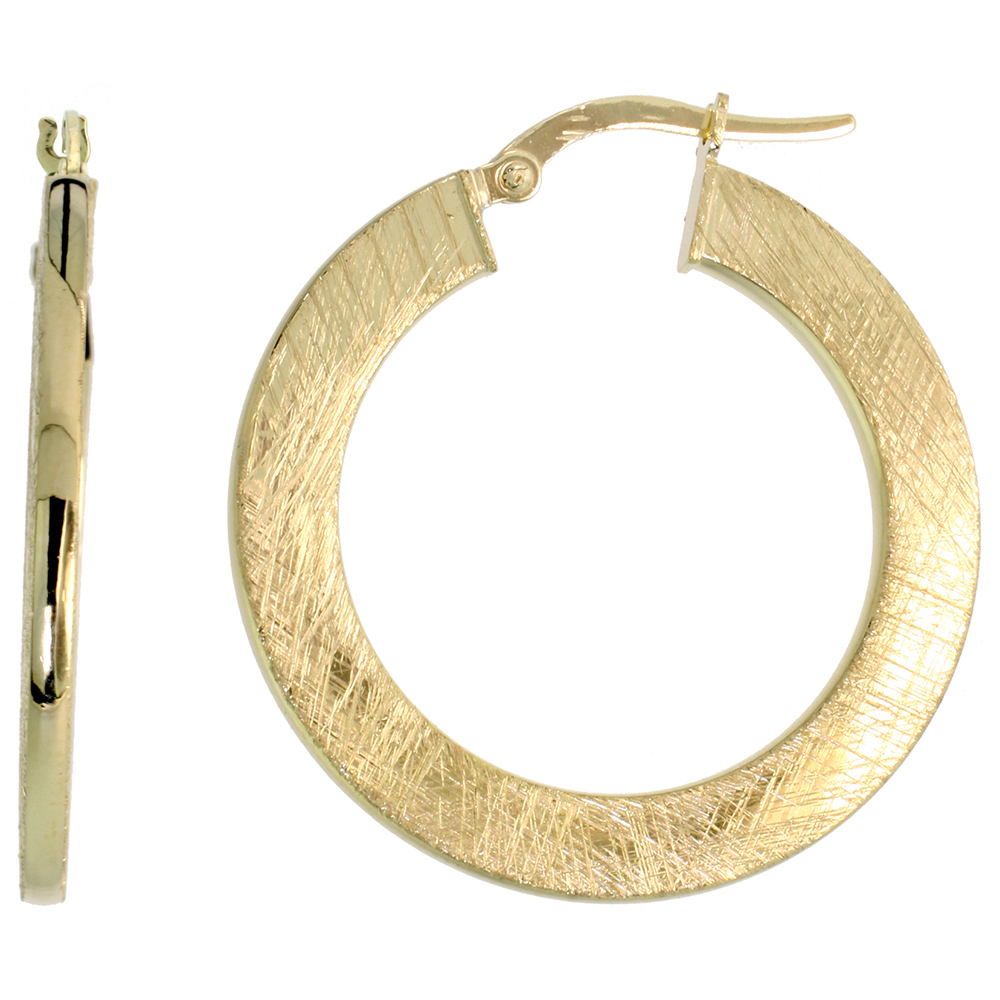 10K Yellow Gold Flat Hoop Earrings Crystallized Brush Finish Italy 1 3/16 inch
