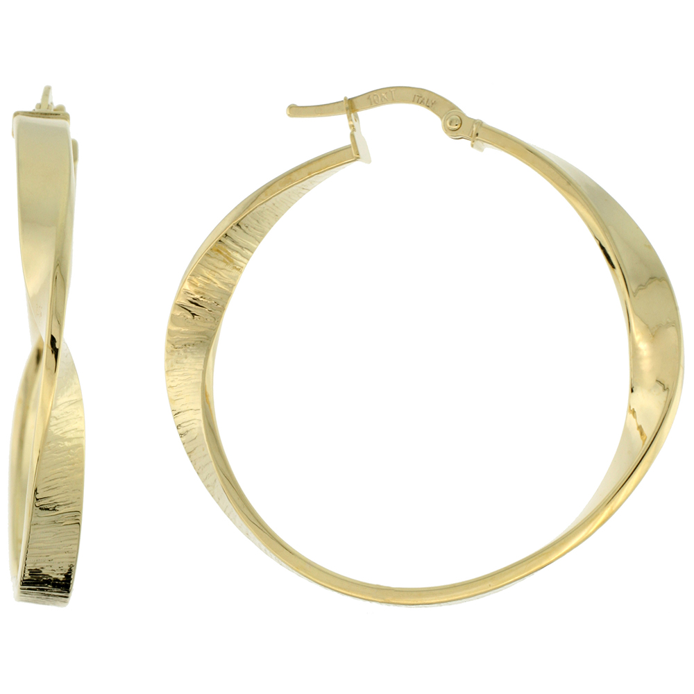 10K YELLOW GOLD HOOP EARRINGS TWISTED FLAT TUBING TEXTURED FINISH ITALY 1 1/2 INCH