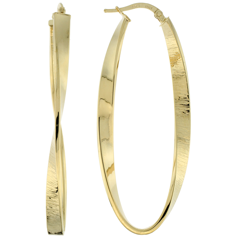 10K YELLOW GOLD OVAL HOOP EARRINGS TWISTED FLAT TUBING TEXTURED FINISH ITALY 2 INCH