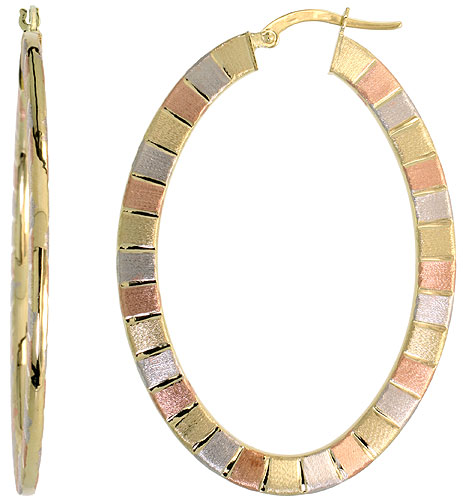 10K TRI COLOR GOLD FTAT HOOP EARRINGS OVAL SHAPE ROSE WHITE YELLOW GOLD STRIPES ITALY 2 INCH